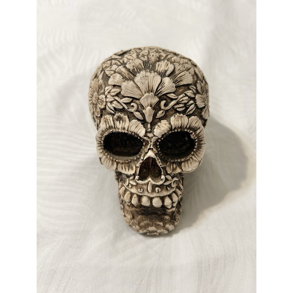 Grinning Skull Figure 5.5 inch With Floral Embellishments Gothic Halloween Decor